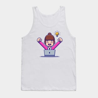 Happy Woman Employee With Laptop Tank Top